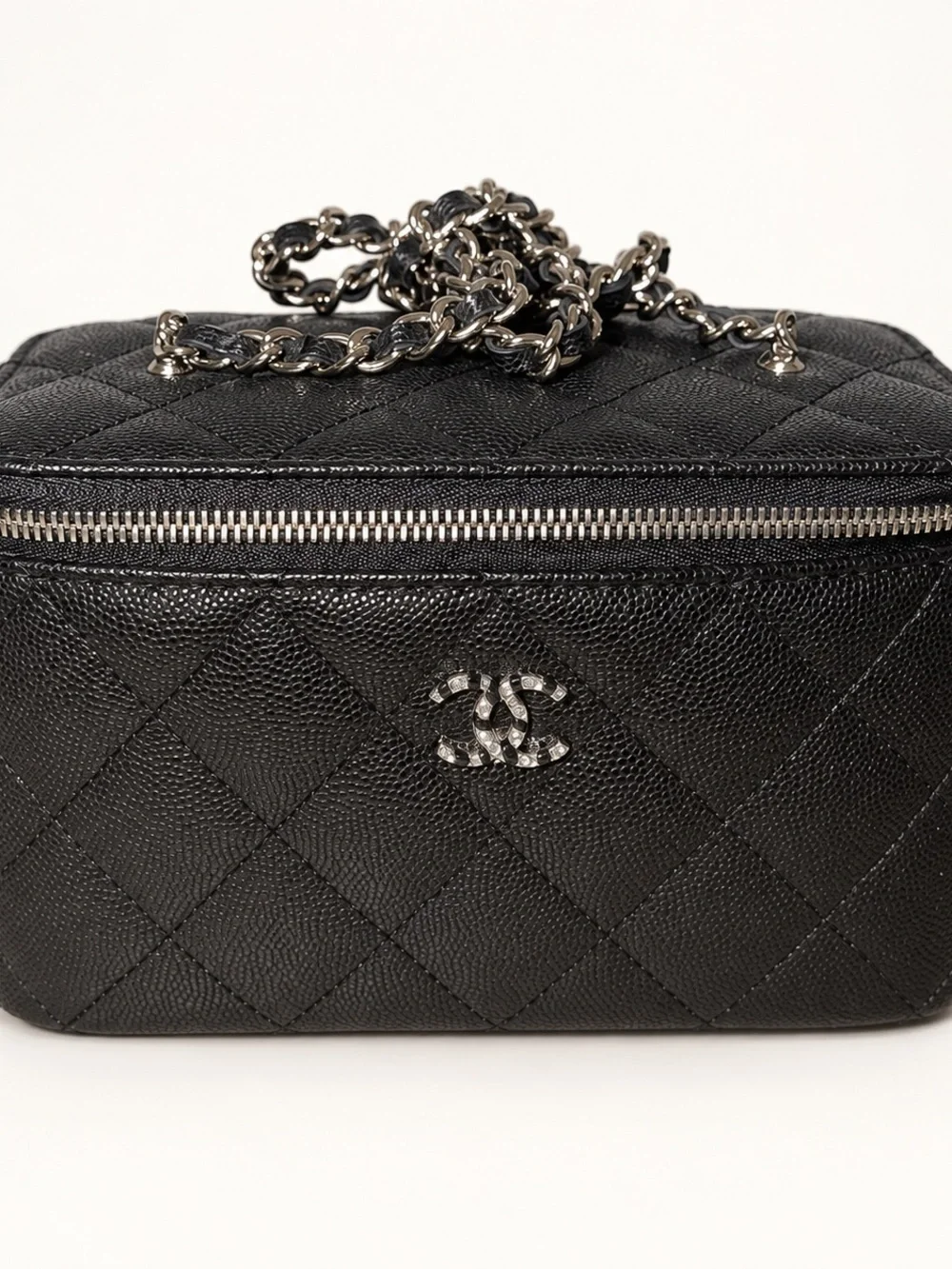 CHANEL Black Quilted Caviar Vanity Crossbody with Silver-Tone Chain